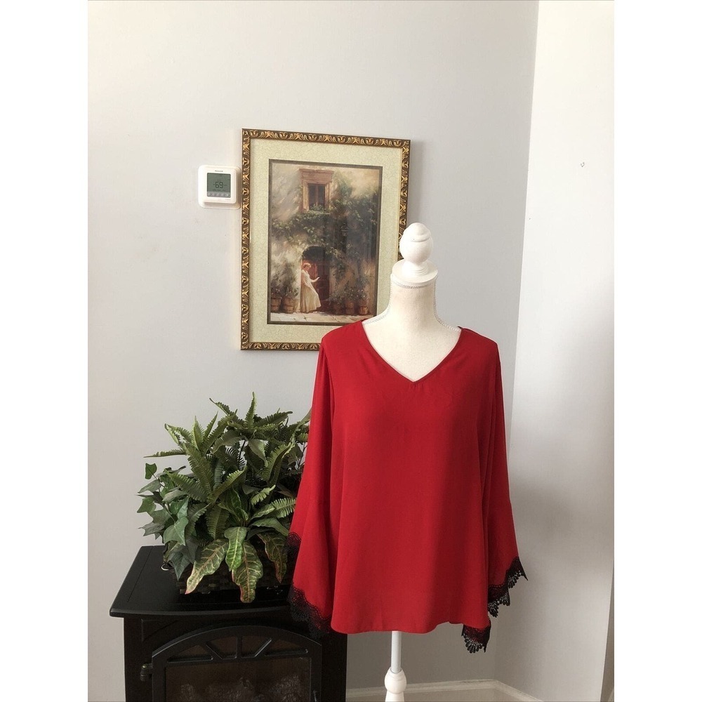 EST 1946 Women Blouse Size L Red Long Bell Sleeve Hem Lace V-neck Collarless